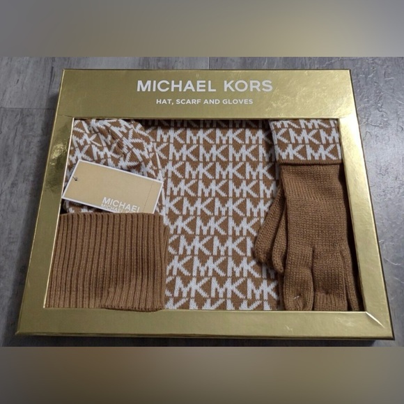Michael Kors Logo Camel/Tan Gloves, Hat and Scarf Set - Picture 2 of 6